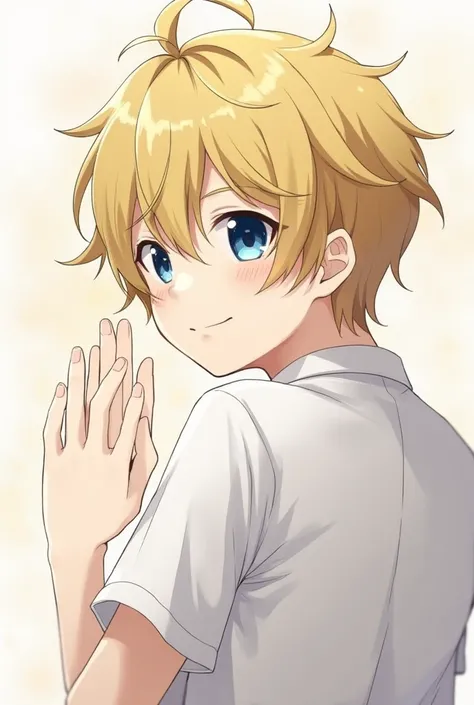 Anime young man
Her hair is blond, blue eyes, and white skin
They are staring at me with kind eyes
My mouth is smiling
I feel like Ive grown up a bit
Im about to reach out my hands and hug them
white shirt
