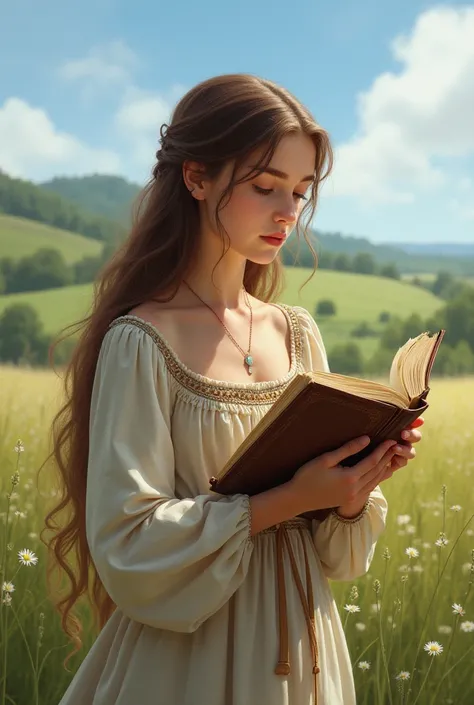 Girl standing in a pasture, wearing a medieval dress with long brown hair and holding in her hands a book she is reading.