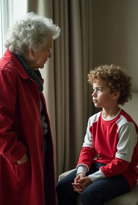 An elderly curly-haired, fat woman in a red coat, talking to her 15-year-old son with a curly flat top, wearing a red and white shirt and black pants, who is sitting with a bored face listening to his mother.