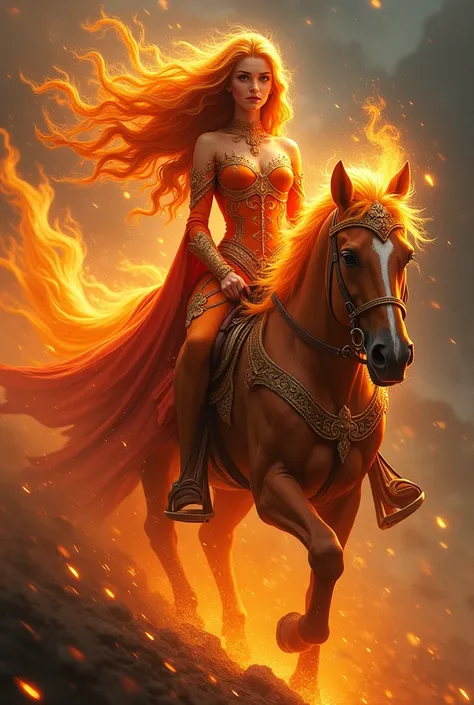 beautiful girl with long wavy fire organa hair with fire eyes wearing fire style outfit ,riding horse , fire elemental
