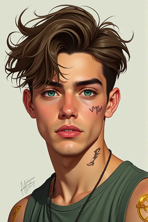  A drawing of a young man of approximately 21 years old ,  with messy light brown hair , mestiza girl,  green and blue eyes ,  with a mole on the cheek . He has thick eyebrows ,  without a beard and wears a mod style haircut .  Also ,  has a scar on his le...