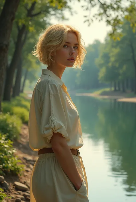 Portrait of a blonde woman with short hair walking on the banks of a river