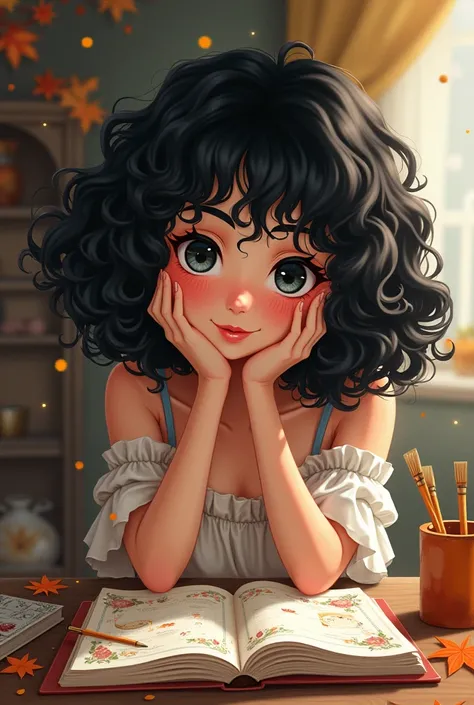 anime,  young woman ,  curly black hair,  black eyes ,  a planner , Fantasy, Fall in love 