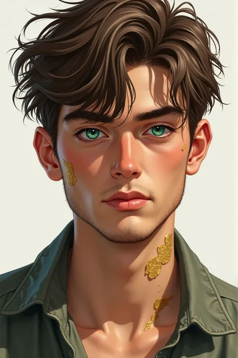  A drawing of a young man of approximately 21 years old ,  with messy light brown hair , mestiza girl,  green and blue eyes ,  with a mole on the cheek . He has thick eyebrows ,  without a beard and wears a mod style haircut .  Also ,  has a scar on his le...