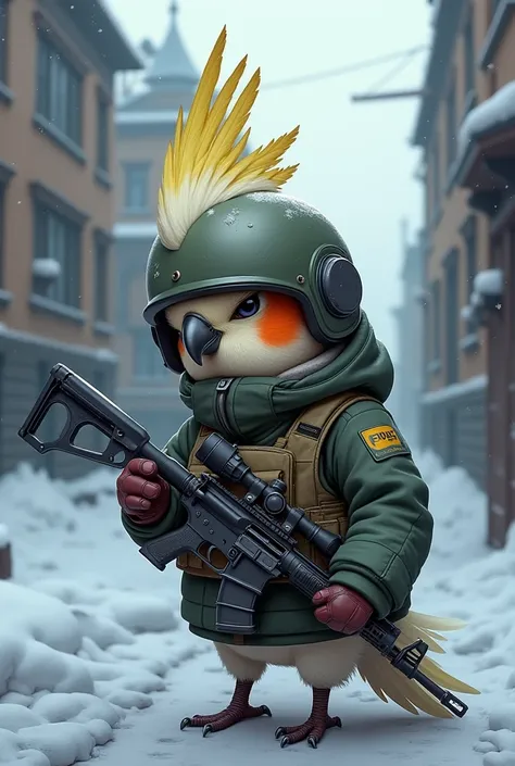 "A white-faced cockatiel with a DayZ theme, depicted in a cartoonish style. The cockatiel is wearing a military helmet, and its crest (the topknot of feathers on top of its head) is completely hidden, tucked underneath the helmet and the hood of a coat, so...