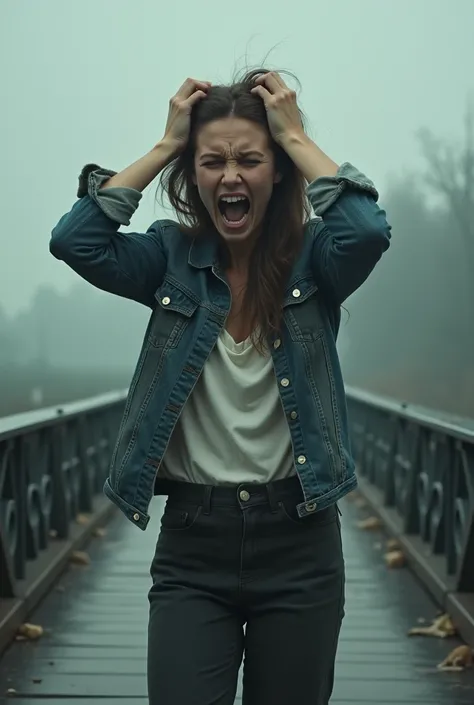 Woman on a bridge screaming with her hands in her hair