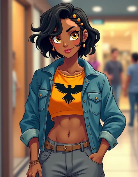 (best quality:1.3), (4K quality), (Detailed face:1.2), (Detailed eyes:1.2), (Perfect figure:1.2). CARTOON, ANIME, CARTOON ARTSTYLE, the image should have 2000s aesthetics in it. Mixed race Navajo-Latina woman, short and wavy black hair, the hair has orange...