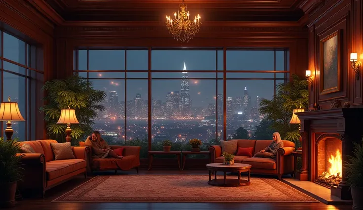 cozy lobby with a fireplace and large windows overlooking a city at night