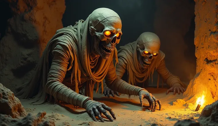 The tomb is a cavern of horror, with grotesque mummies clawing their way out of sarcophagi. Their flesh hangs in shreds, revealing rotting muscle and bone beneath. Their glowing eyes burn with malevolent intent, and their mouths gape in silent screams. Ban...