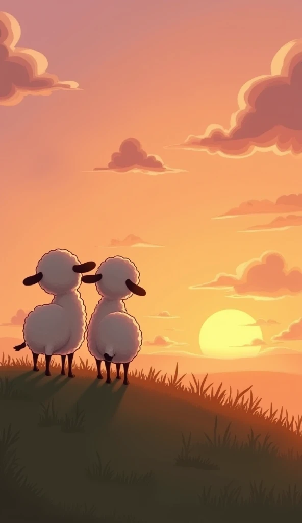 "At the top of a gentle hill, Philip and Wull stop to watch the sunset. The sky is painted in orange and pink, and the two sheep stand together, their hearts filled with joy as they enjoy the beautiful scenery."
Two sheep babies 