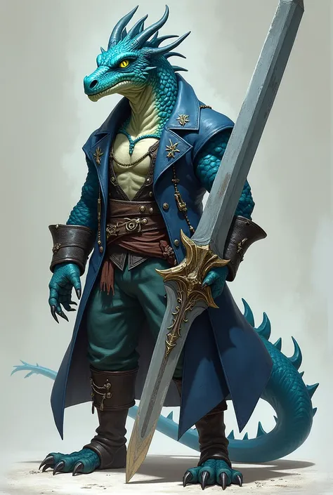 blue/azur dragon, humaiod form, with pirate clothes and an armor, both hands holding a big sword, green/yellow eyes, without wings