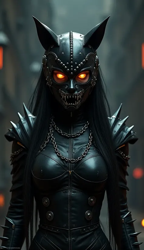 A futuristic gothic cyber woman warrior, wearing a black leather and metal lobo -inspired mask with glowing orange eyes, feline-shaped helmet with spikes and silver studs, metallic fangs on the lower mask, intricate chains draped around the neck, armored l...