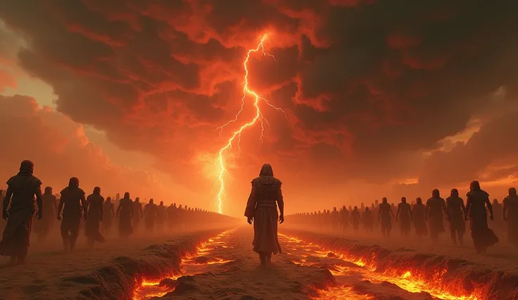 The desert is a vision of hell, with a colossal sandstorm tearing through the landscape. The sky is blackened, filled with clouds that spit red lightning. In the storm’s eye stands the resurrected pharaoh, his tattered robes and armor glowing with cursed p...