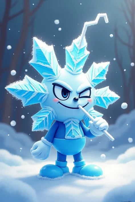 Make me a Cuphead and Mugman style snowflake that reaches out a straw in my direction and winks my eyes