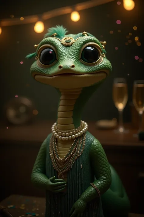 “An anthropomorphic snake with smooth, emerald-green scales and large, reflective black eyes, dressed in an elegant 1920s-inspired outfit, featuring a shimmering flapper dress adorned with intricate beading and fringes. The snake wears a chic feathered hea...