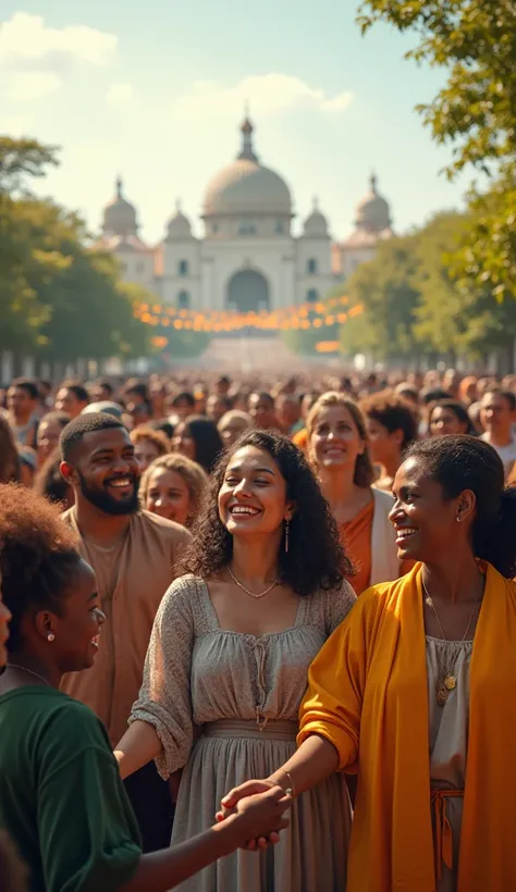 realistic, 4K, cinematic image (of people around the world celebrating Universal Peace Day together)