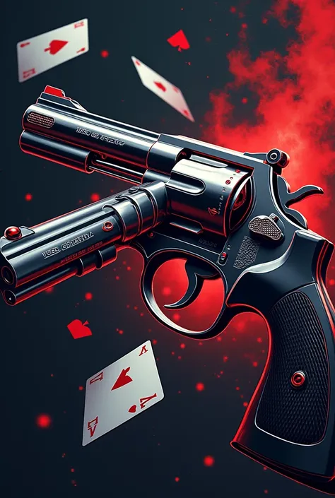 Cards and Revolver :
" An art featuring a stylized revolver and a deck of cards thrown in the background,  with the ace of spades highlighted . A appears with a bold, shaded font , with red and silver details ." 4K
