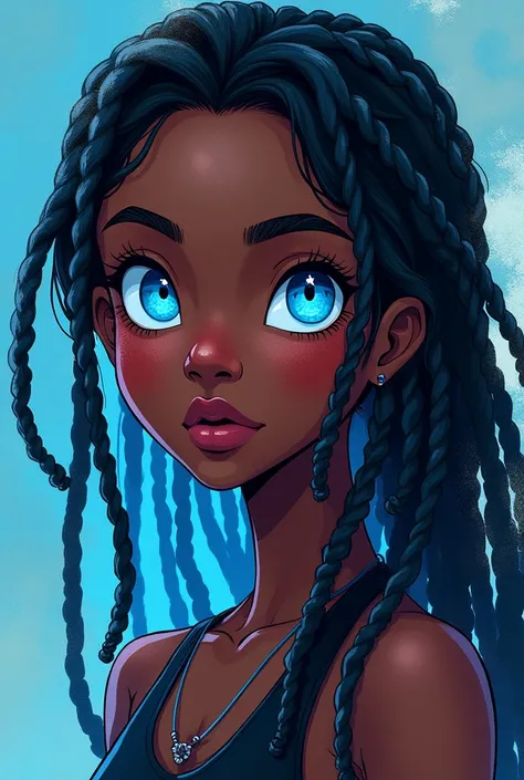 Create an image of a  teen with dreadlocks, siren blue eyes, dark skin, and animated style