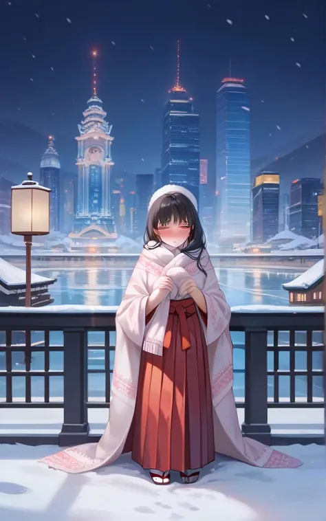 
((Hakama)),((Long-sleeved kimono)),((winter)),
((masterpiece)),
((best quality)), 
((high quality)), 
((ultra high res)), 
((female)), 
((high quality)), ((sad)), 
((bashfulness)), 
((blush)), 
((shyness)), 
 ((Modern cityscape)),((shawl))