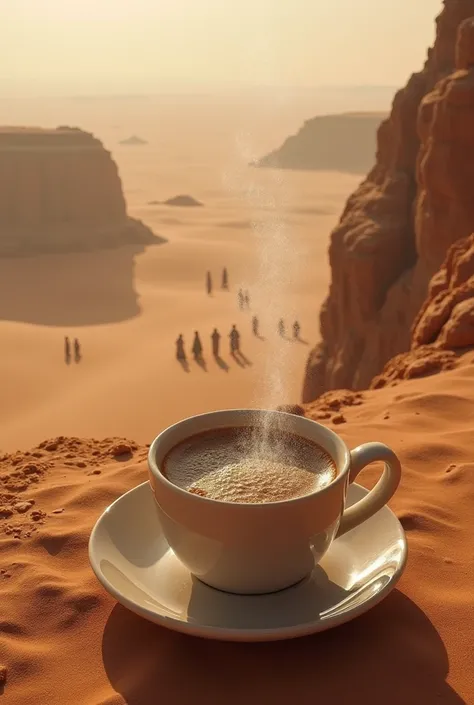 A desert and the lens is from above and there is a cup of coffee, an Arabic session and a hail 
