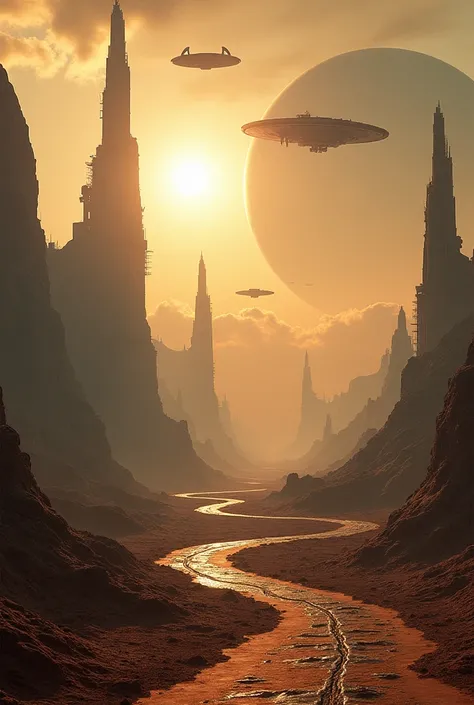  An alien planet being transformed by the colonization of the Alcohbatas .  The landscape shows imposing and mechanical structures being built ,  with tall towers and advanced industrial areas . The planets land seems devastated ,  with exploration marks a...