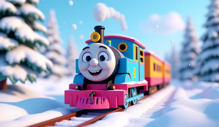 In disney animation 3d A cheerful, colorful train with a big, happy face on the front, moving through a winter wonderland. The train is painted in vibrant colors like blue, pink, and yellow, standing out against the white snow. The landscape is covered in ...