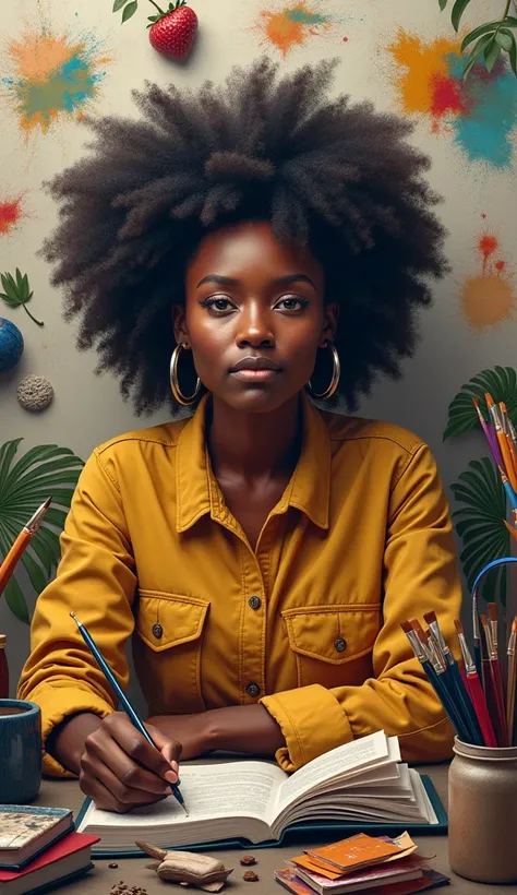  Image of an Angolan person with various creative tools around (like brushes, keyboard, books, etc.), representing different talents .