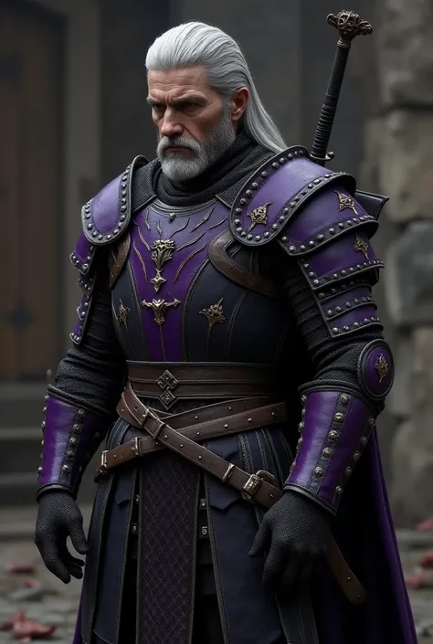 Fais une armure type the witcher. Une armure pour homme bien taillé. Elle est faite de cuire et de maille , les malles son noir au reflet violet très foncé le cuire est noir. Il ce trouve une petite tête de dragon noir au yeux rouge avec des cornes à la la...