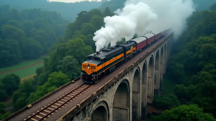 A classic sri lankan train arrives on nine arches bridge demodara. show front of train. Drone camera shot. Train on the bridge. no ned to much long train.