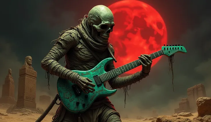 A dark and ominous scene featuring a decayed mummy playing an electric guitar under the eerie glow of a blood-red moon. The mummy’s body is a haunting blend of torn, leathery flesh and exposed bone, with tattered bandages hanging loosely from its limbs. Th...