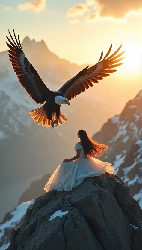 "Begin with a serene mountain landscape at sunrise, snow-covered peaks stretching into the horizon. The camera pans to reveal a majestic eagle soaring through the sky, its wings wide and gliding effortlessly. As the eagle approaches, a woman in a flowing w...