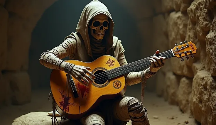 In a dimly lit tomb, a mummy sits on a jagged rock, playing a guitar forged from gold and bones. Its body is a horrifying patchwork of decayed skin and exposed skeletal structures, with dark, dried blood streaking its bandages. The guitar’s neck is carved ...