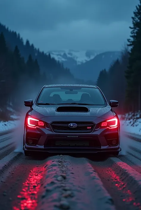 A alter Subaru Lacecy,  The visually and technically Gtunt was without hood and without front bumper with a good view of the engine and radiator that drifts at night on a geteerten mountain road. It also has red lighting 