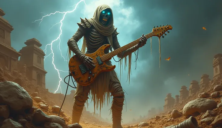 A towering mummy guitarist dominates a cursed battlefield, standing amid piles of bones and broken sarcophagi. Its flesh is rotting, with jagged pieces of ribcage visible beneath the tattered bandages. The guitar is an amalgamation of cracked wood, jagged ...