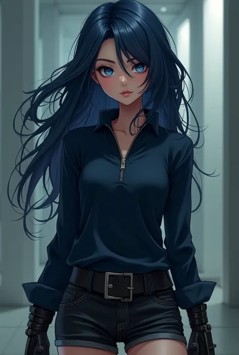 A human girl with long dark navy blue hair and blue eyes and she is wearing a half-zipped long sleeved long collared top, black denim shorts, fingerless leather black gloves, black combat boots.