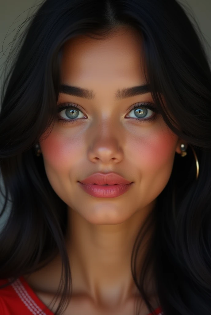 Teenage girl Mexican, black hair, makeup, blue eyes, lip liner