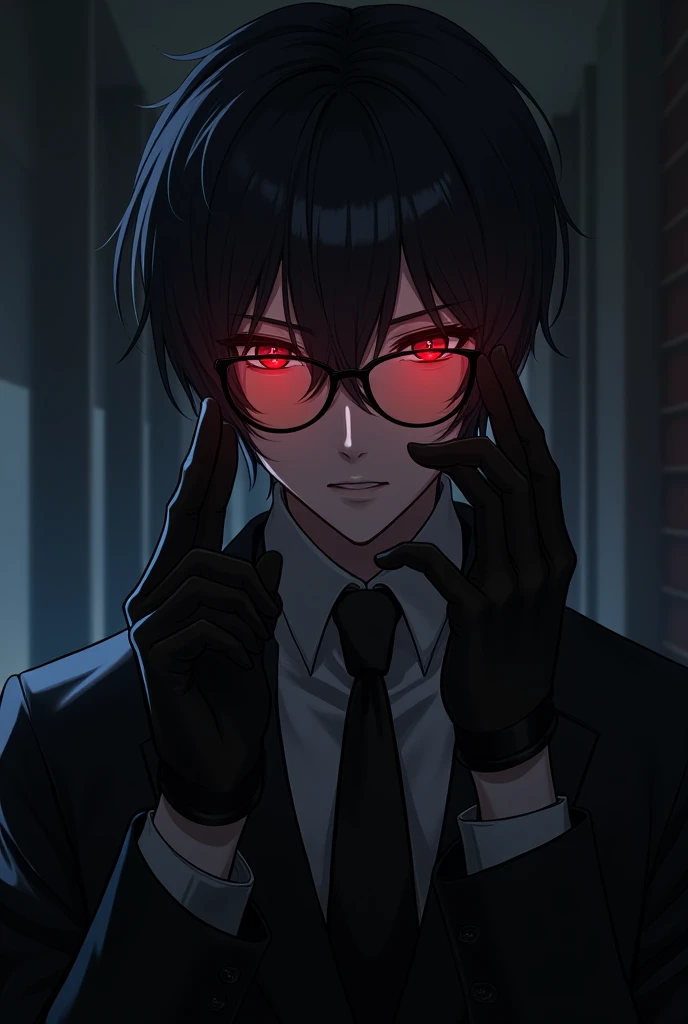 Handsome anime man with glowing red eyes in black suit wearing glasses with black gloves, long slender fingers with veins