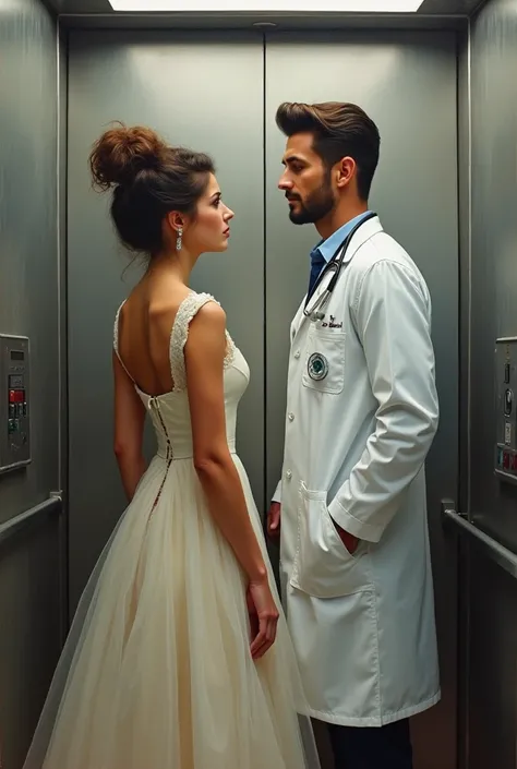 make an oil painting of a lady wearing puff dress looking at the man wearing a lab gown and stethoscope on his neck (hes a doctor) meeting at elevator (the lady was about to enter the elevator but she saw the doctor, a handsome doctor)