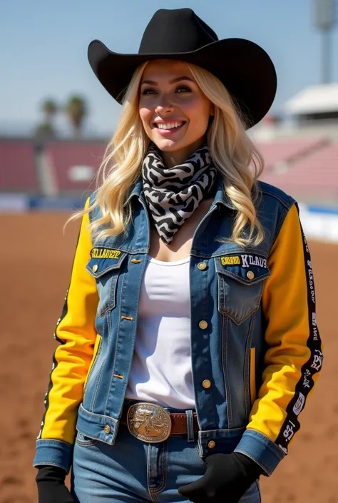  29-year-old woman . blonde. with cowboy hat. With gloves on my hands. at STADIUM ATT .  Las Vegas rodeo .  with a white denim shirt .  with blue denim jacket two colors .  black yellow  .  with prints with the name KLAUSZ perfectly written .  in black and...