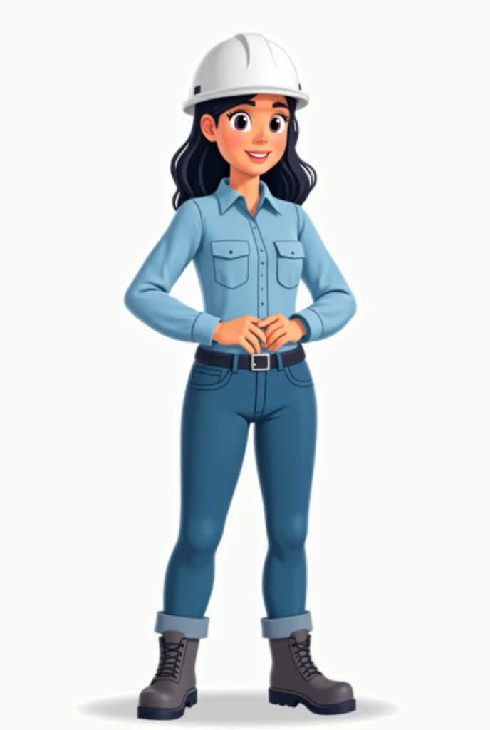 Animation of a female mining worker wearing a plain long-sleeved light blue shirt with two pockets on the chest, flat chest, jeans, white helmet, full body to the feet, with folded hands, wearing high safety shoes, trousers tucked into the shoes, black hai...