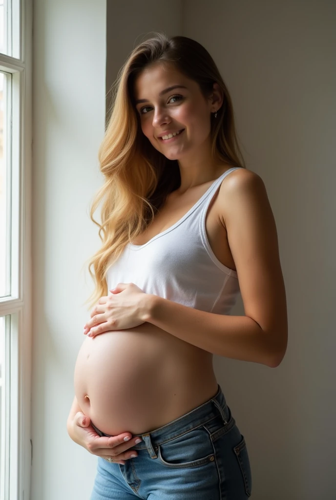 A 20-year-old girl who is pregnant is sexy. I want her to wear pants and a shirt that covers her pregnant belly