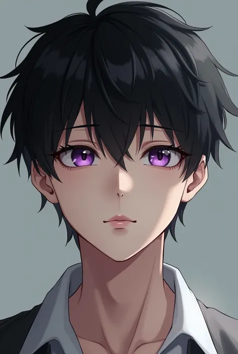 a young man, his right eye is purple and his right eye is white (he cant see out of it), he has black hair nicely combed