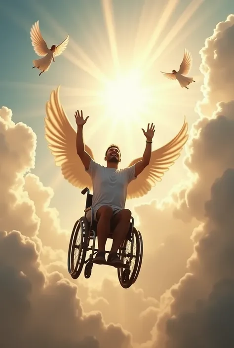  “A man rising from a wheelchair ,  with an expression of joy and liberation ,  as he begins to float toward the heavens .  He is next to a majestic angel ,  with luminous wings and a welcoming presence .  The sky in the background is filled with heavenly ...