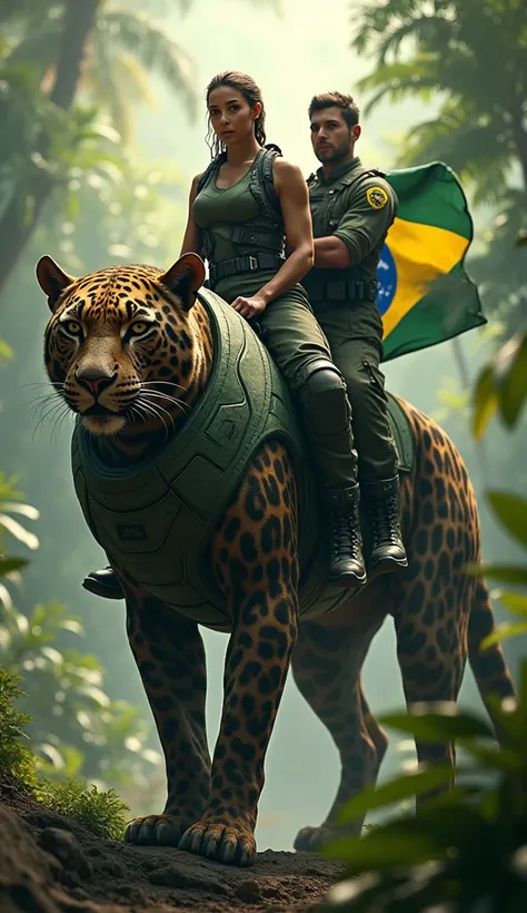 A soldier and a female soldier mounted on a giant jaguar, patrolling the Amazon rainforest. The jaguar wears green camouflaged armor with the Brazilian flag draped over its back. The female soldier wears a modern tactical outfit, highlighting her curves wi...