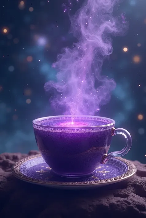 a cup fulled with purple liquid in the background of galaxy