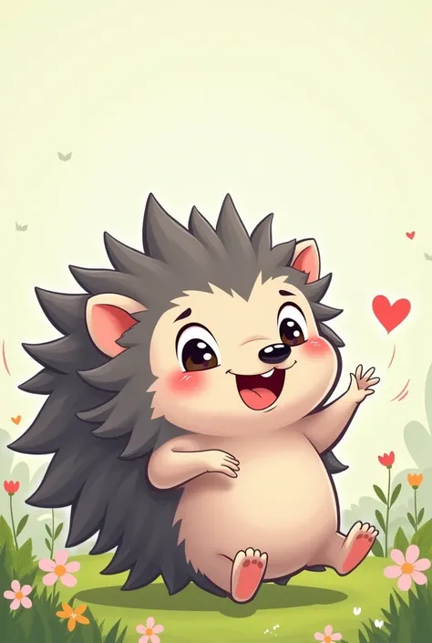 Create 1 grey furry cartoon hedgehog having fun