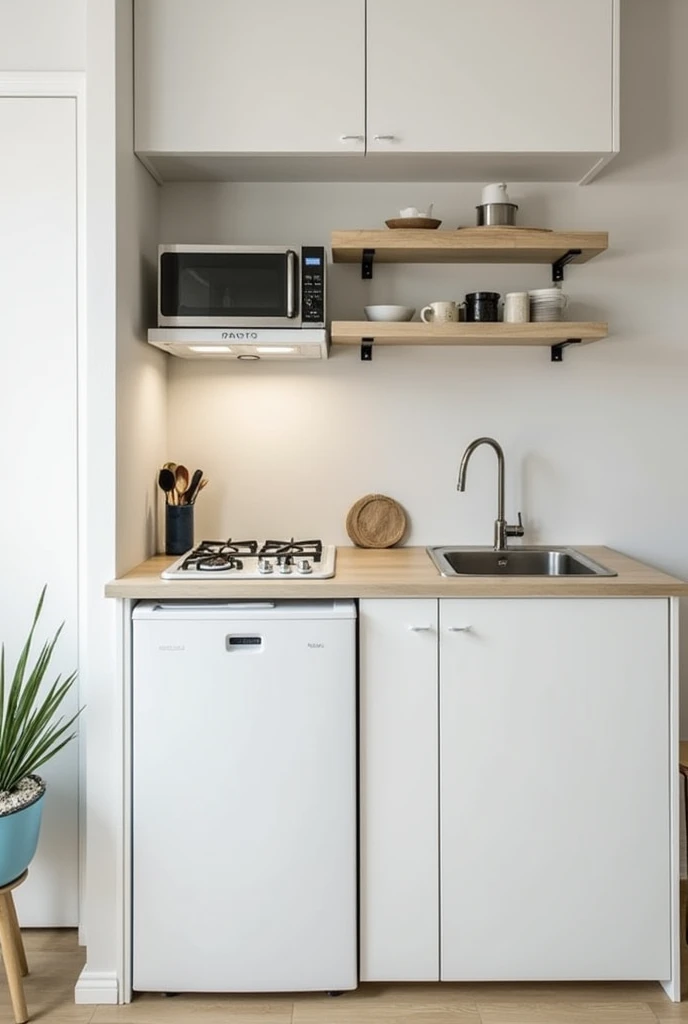 Design a modern, space-efficient small kitchen layout that maximizes functionality and style. Focus on compact, streamlined cabinetry and shelves to optimize storage. Include a space-saving sink with under-counter storage, and place the stove, fridge, and ...