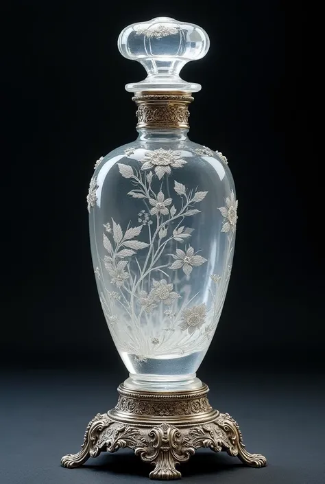 "An elegant and luxurious standing perfume bottle crafted from transparent glass with subtle, shimmering tinted hues. The glass is masterfully engraved with intricate floral and leaf patterns, capturing a sense of delicate artistry. Embedded within the des...