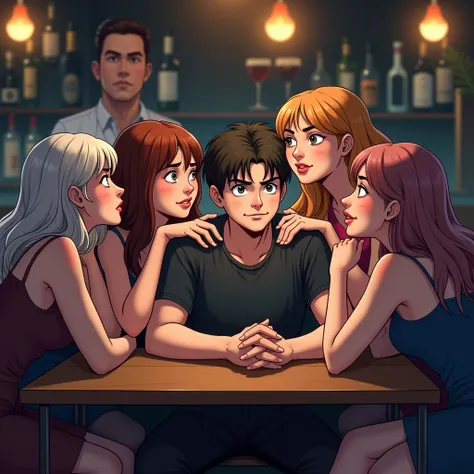 An anime-style colored illustration set in a dimly lit bar, with European characters from the 2000s. A timid 20-year-old young man sits alone at a table, looking uncomfortable as six older women, aged between 30 and 35, surround him. The women have obese w...