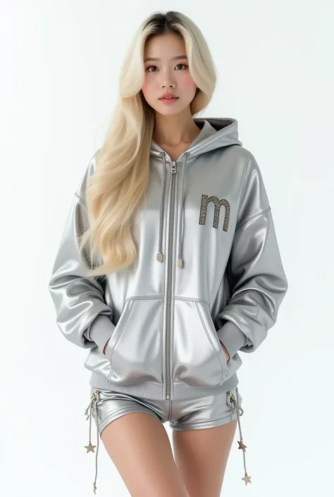 a perfect Korean woman ,With silky shiny long pearl blonde hair ,a silver hooded jacket with the letter   "m"  in silver color on the left side , with metallic stars attached to the jacket , the jacket has stylized pockets at the bottom and a set of silver...